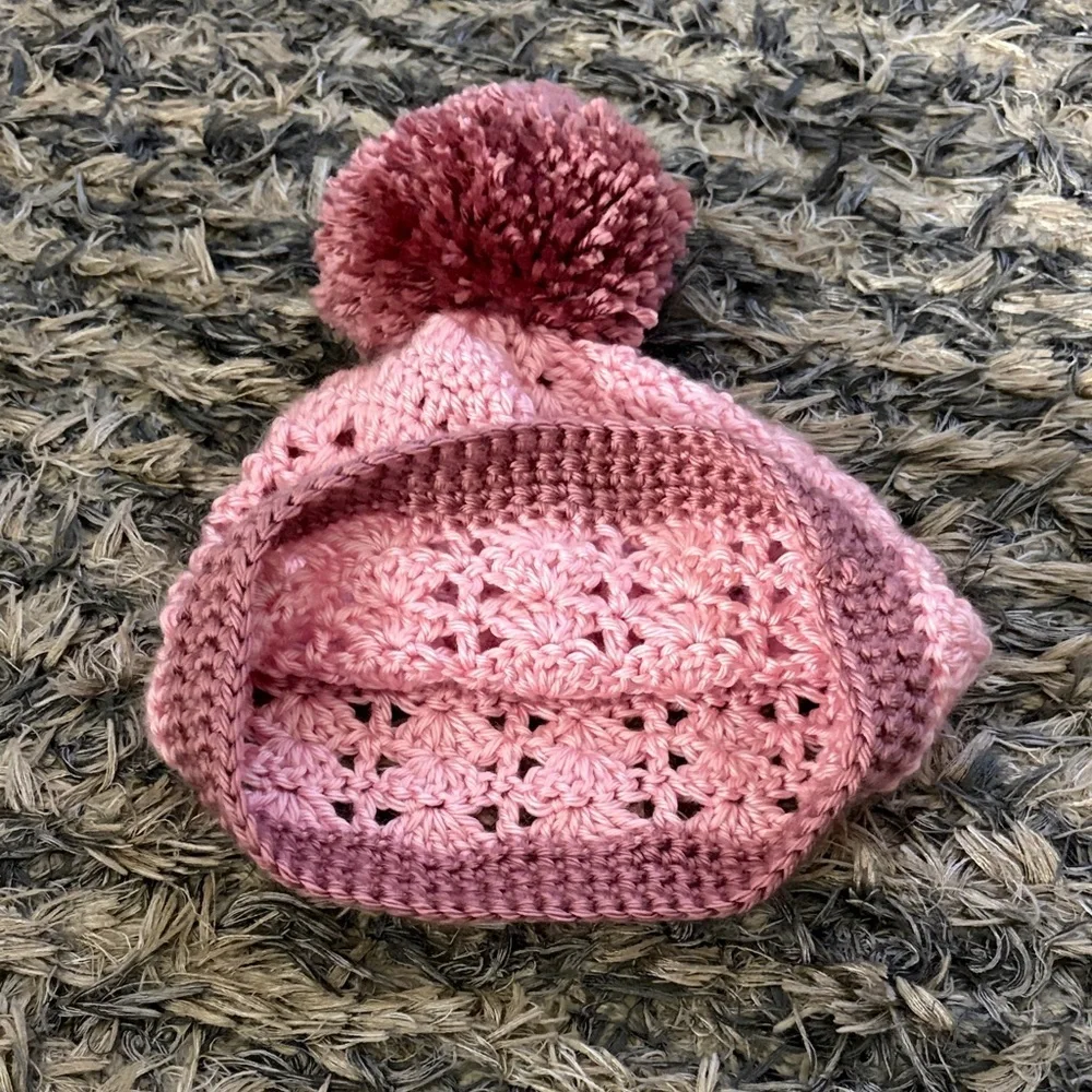 New ! Handmade Pink Crochet Beanie with Pom Pom + Headband